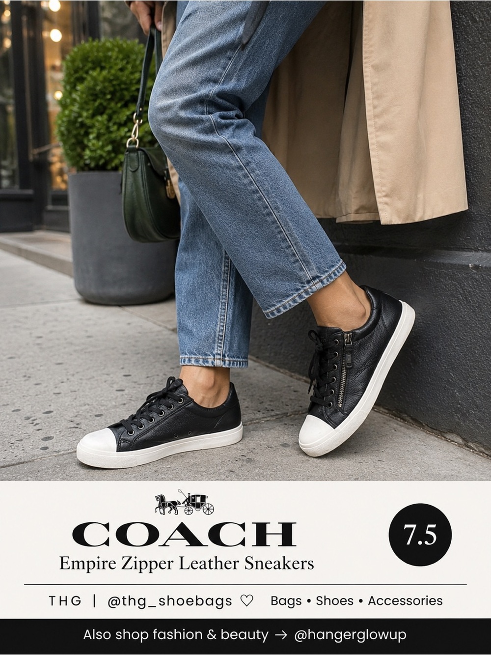 Coach Empire Black Pebbled Leather Zip Sneakers White Cap Toe Shoes 7.5B